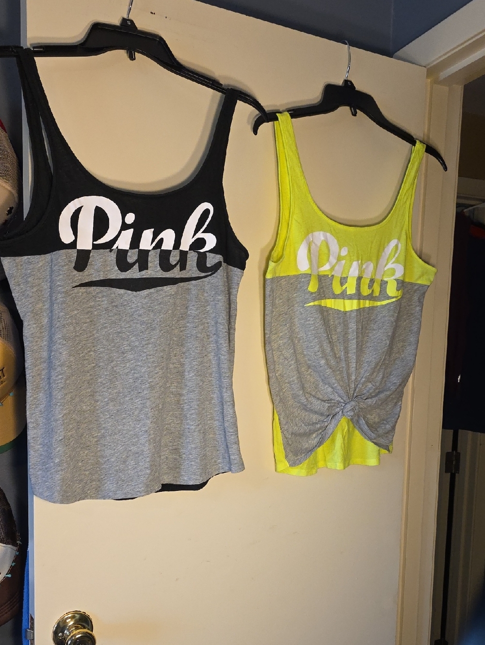 PINK Two-Tone Tank Tops - Gray with Black & Neon Yellow